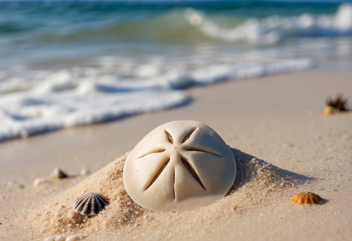 A sand dollar lies half-buried in the sandy ocean floor, surrounded by gentle waves and small marine creatures