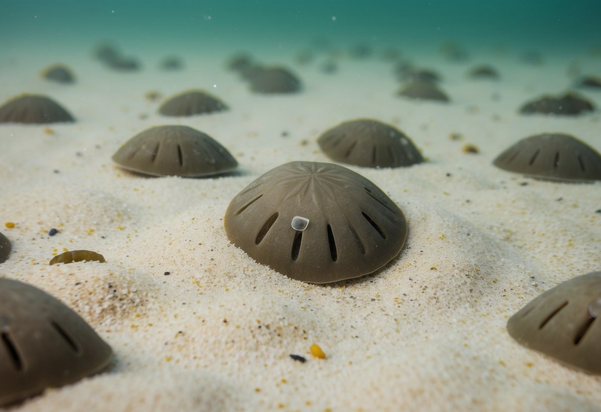 Several sand dollars are scattered across the ocean floor, moving slowly and gracefully as they feed on tiny particles and algae. Their round, flat bodies blend in with the sandy substrate, creating a peaceful and serene scene