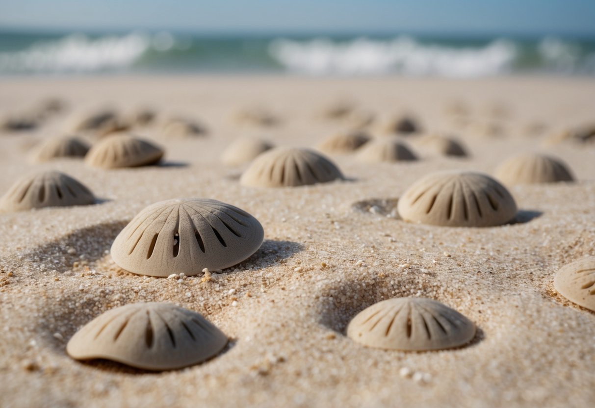 A sandy ocean floor with sand dollars scattered about, some burrowing into the sand while others move slowly across the seabed