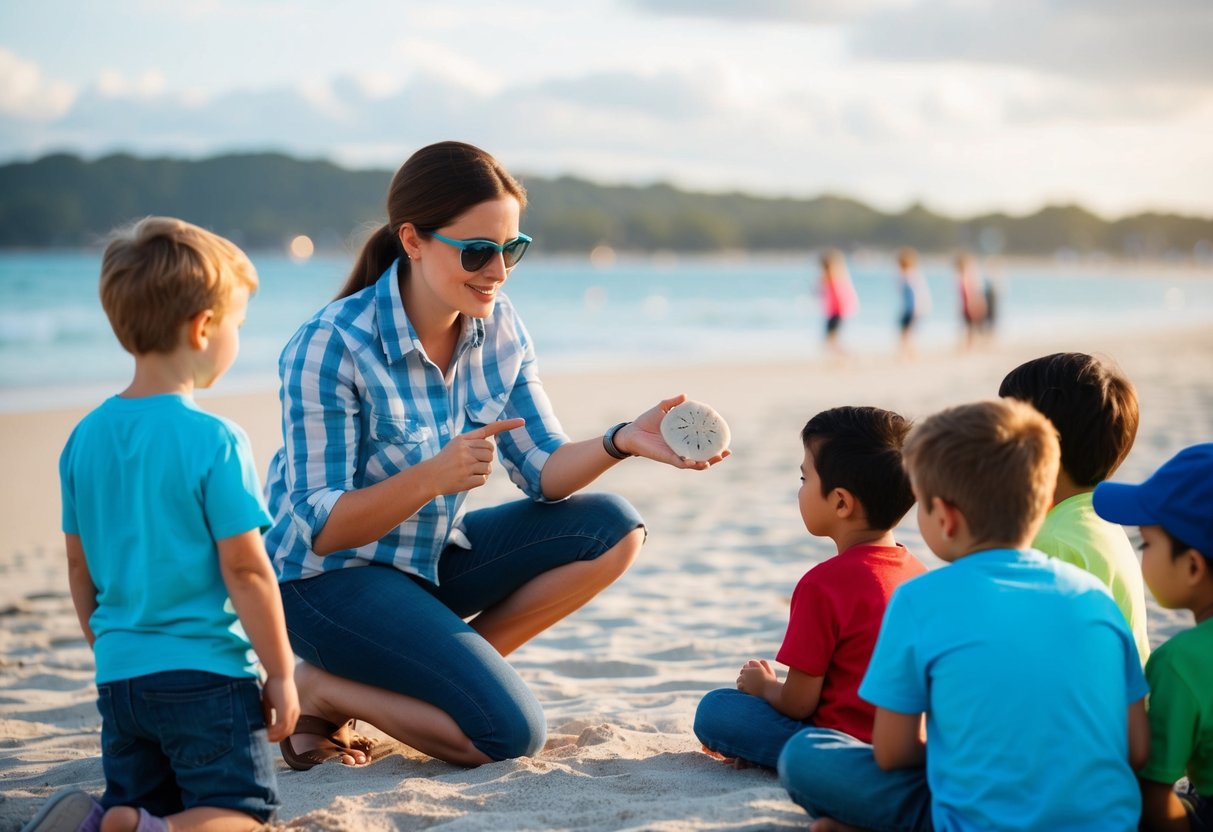 A child points to a sand dollar on the beach while an adult explains its features and significance. Nearby, a small group of kids listen attentively