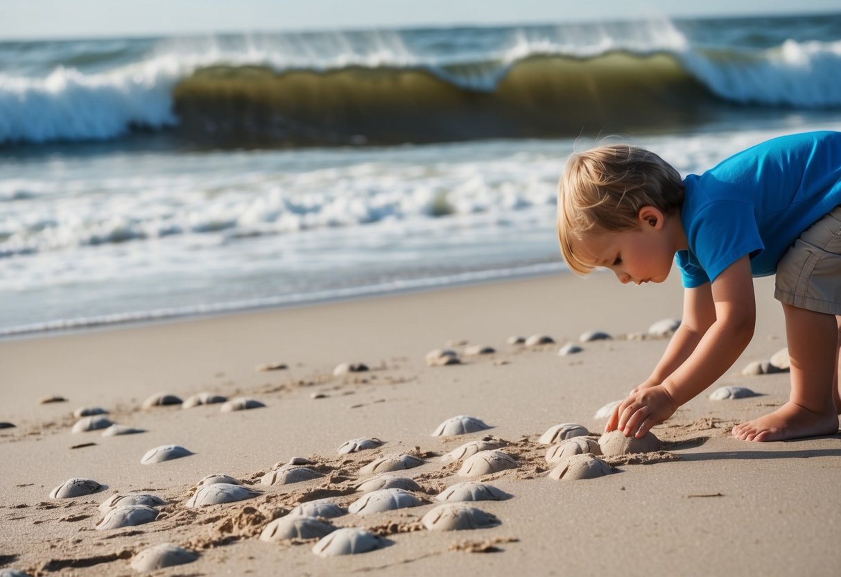 A sandy beach with waves crashing, scattered sand dollars, and a child bending down to pick one up