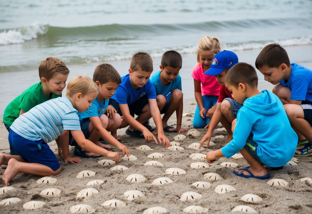 A group of children gather around the shore, pointing and examining sand dollars scattered across the sand. The gentle waves lap at the shore as the kids learn about these unique marine creatures