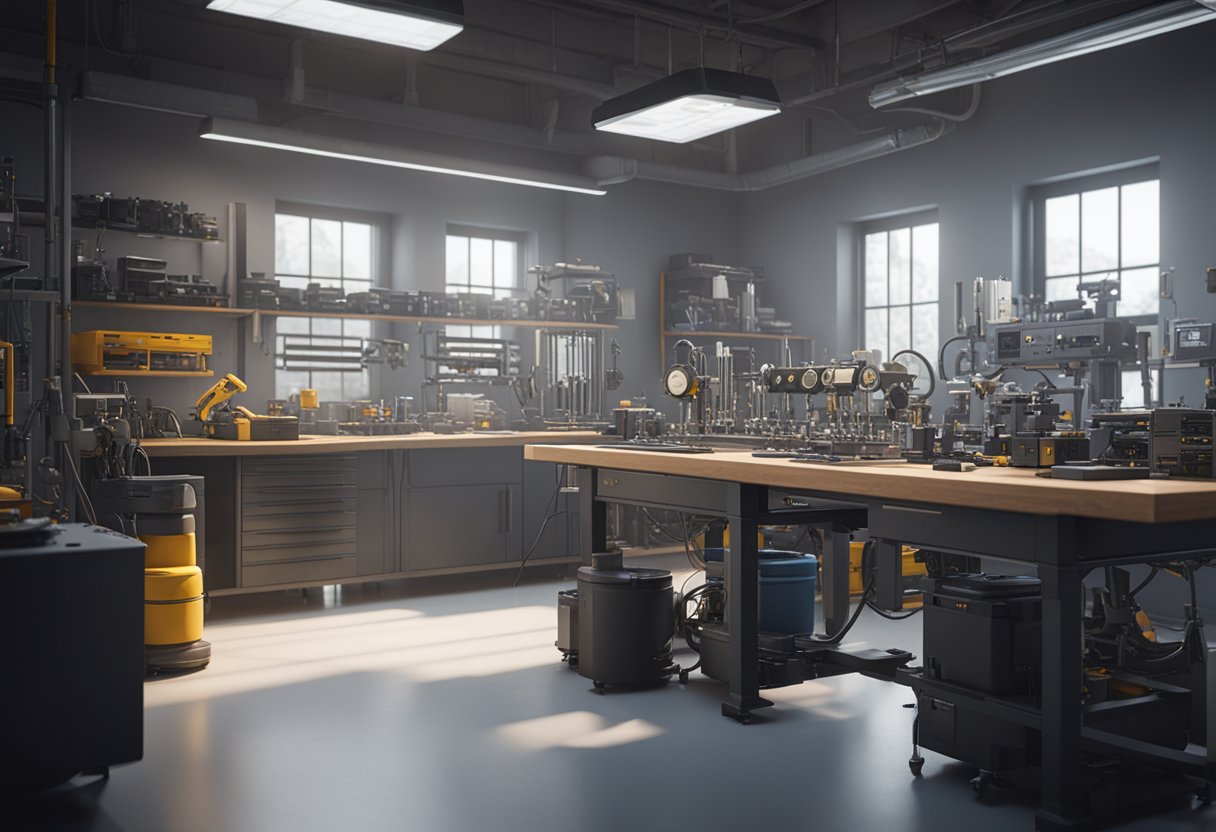 A technician calibrates precision instruments in a clean, well-lit lab. Various tools and machines are arranged neatly on the workbench