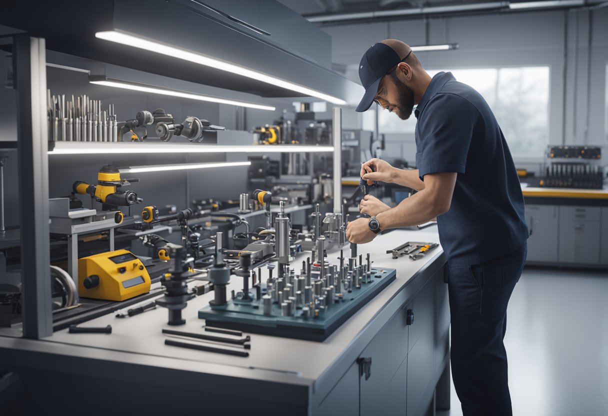 A technician calibrates precision tools in a clean, well-lit lab with various measuring instruments and equipment