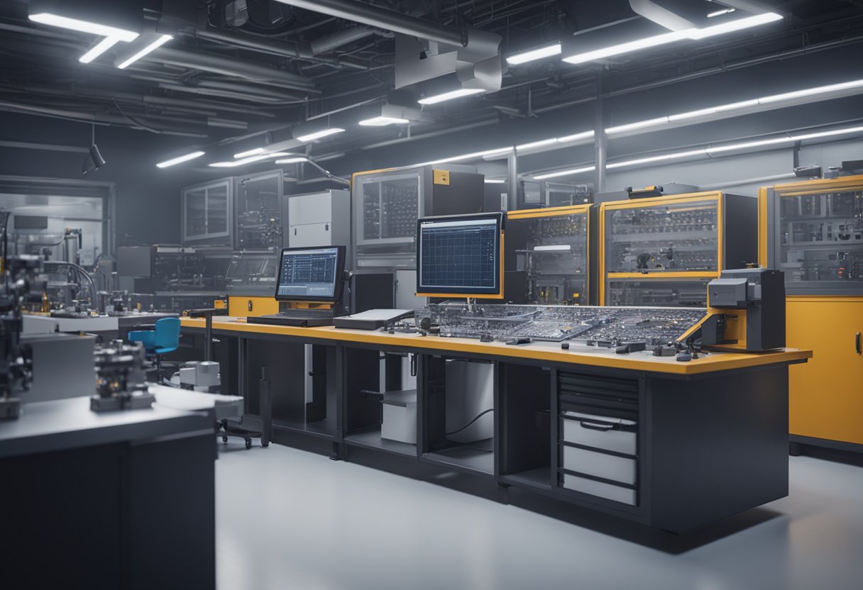 A technician uses precision instruments to measure and inspect manufactured parts in a controlled laboratory environment