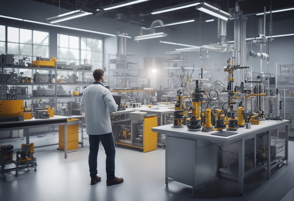 A technician calibrates safety equipment in a clean, well-lit laboratory setting, surrounded by various measuring instruments and testing devices