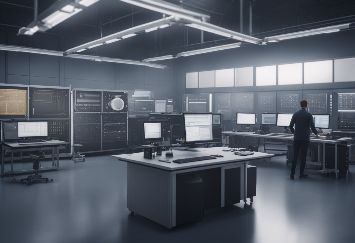 A technician calibrates precision instruments in a metrology lab, surrounded by advanced measurement equipment and computer screens