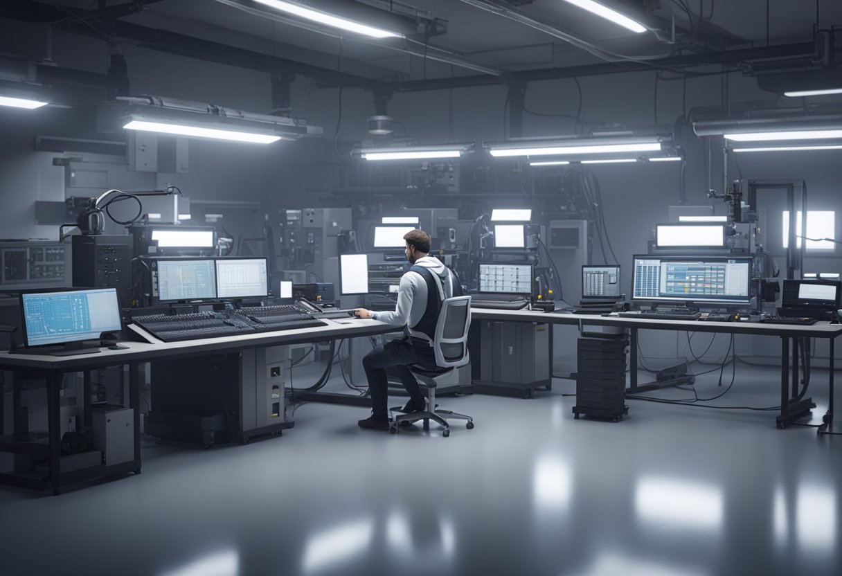 A technician adjusts and fine-tunes calibration equipment in a clean, well-lit laboratory setting