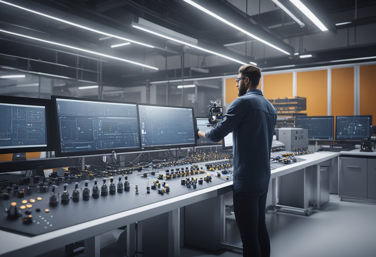 A technician adjusts and fine-tunes advanced calibration equipment in a modern laboratory setting