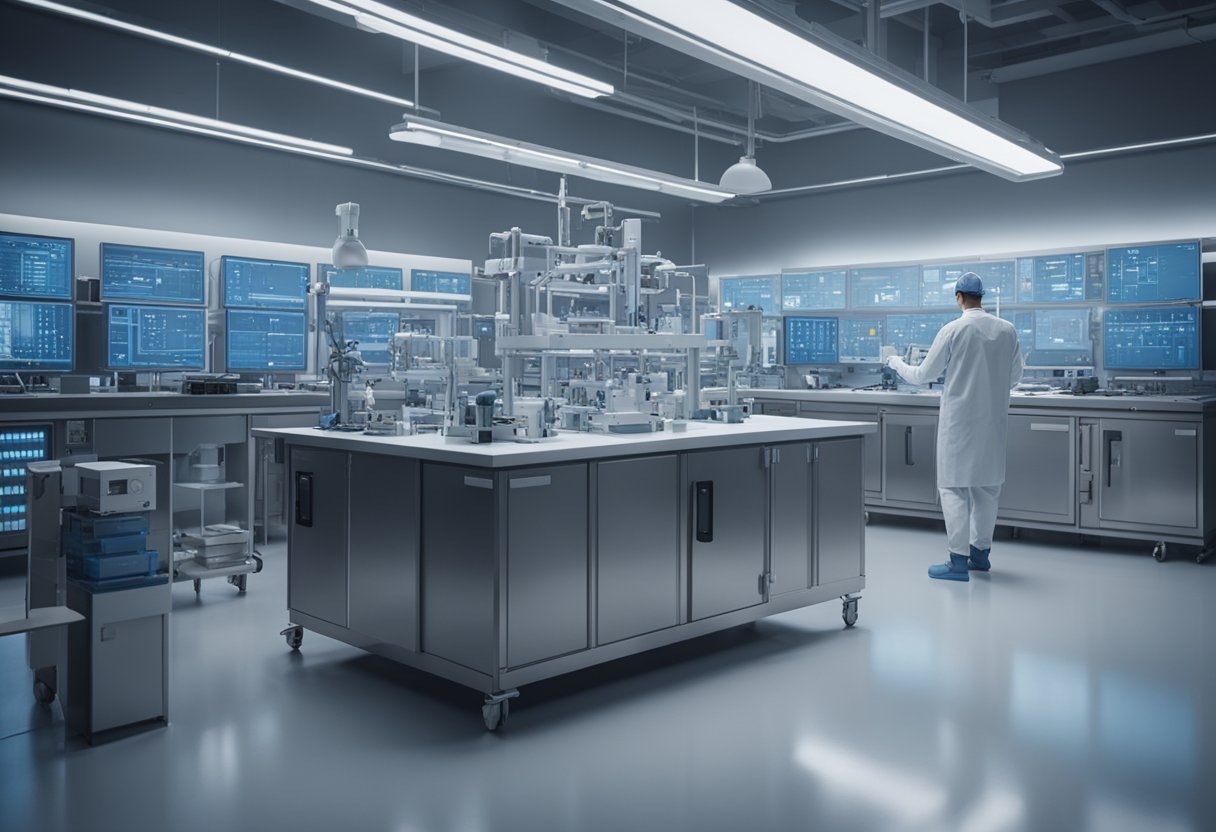 A technician calibrates equipment in a sterile laboratory setting filled with precision instruments and computer monitors