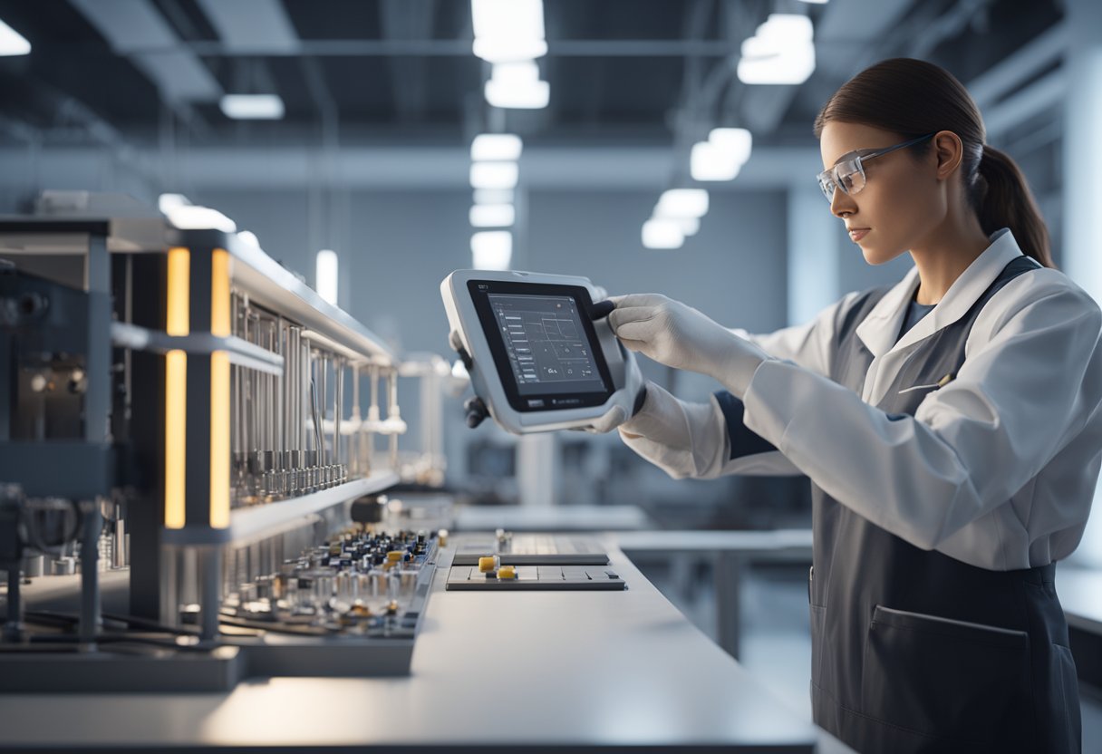 A technician uses precise tools to measure and calibrate advanced technology in a clean, well-lit laboratory setting