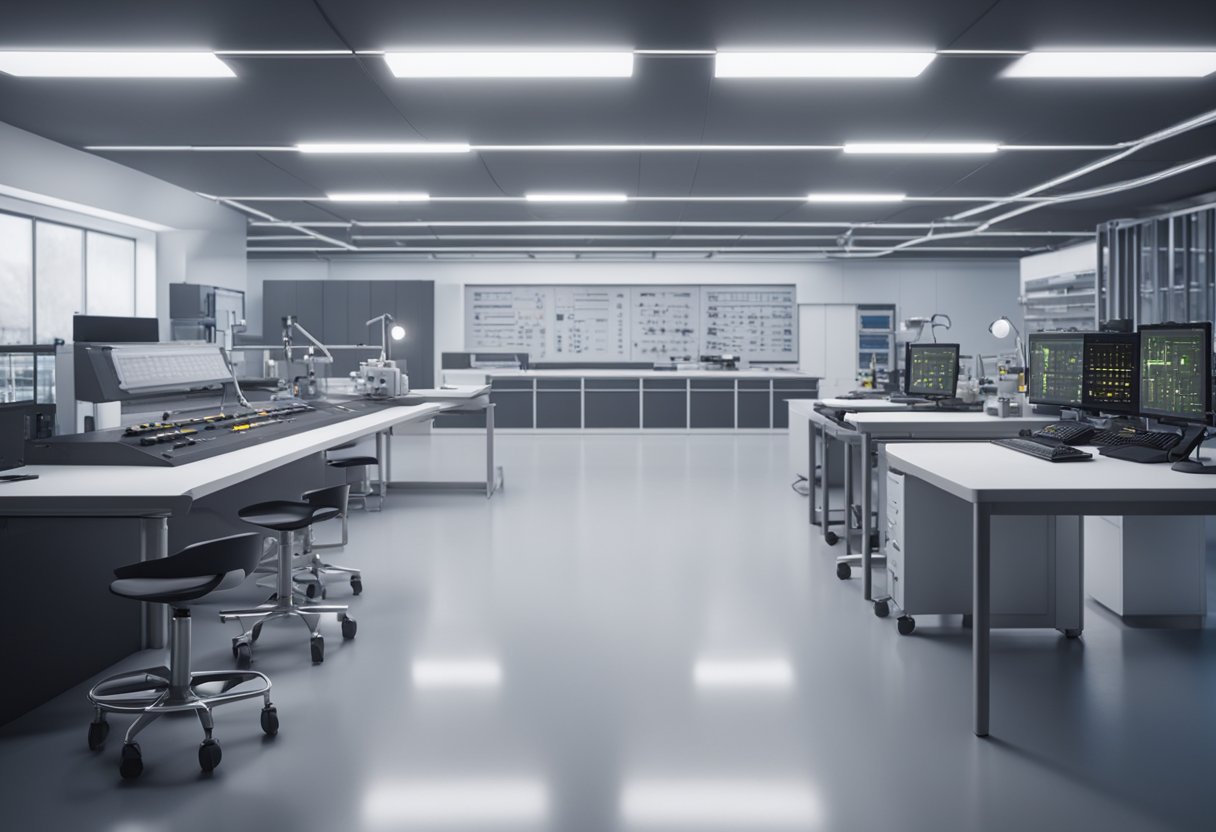 A technician calibrates and measures educational equipment in a modern laboratory setting