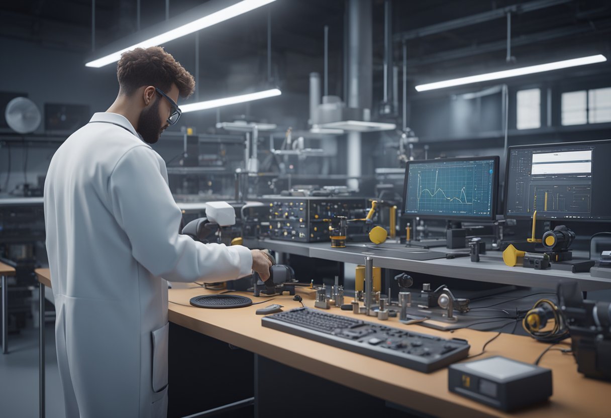 A technician calibrates measurement equipment in a high-tech laboratory setting. Various tools and devices are arranged on the workbench