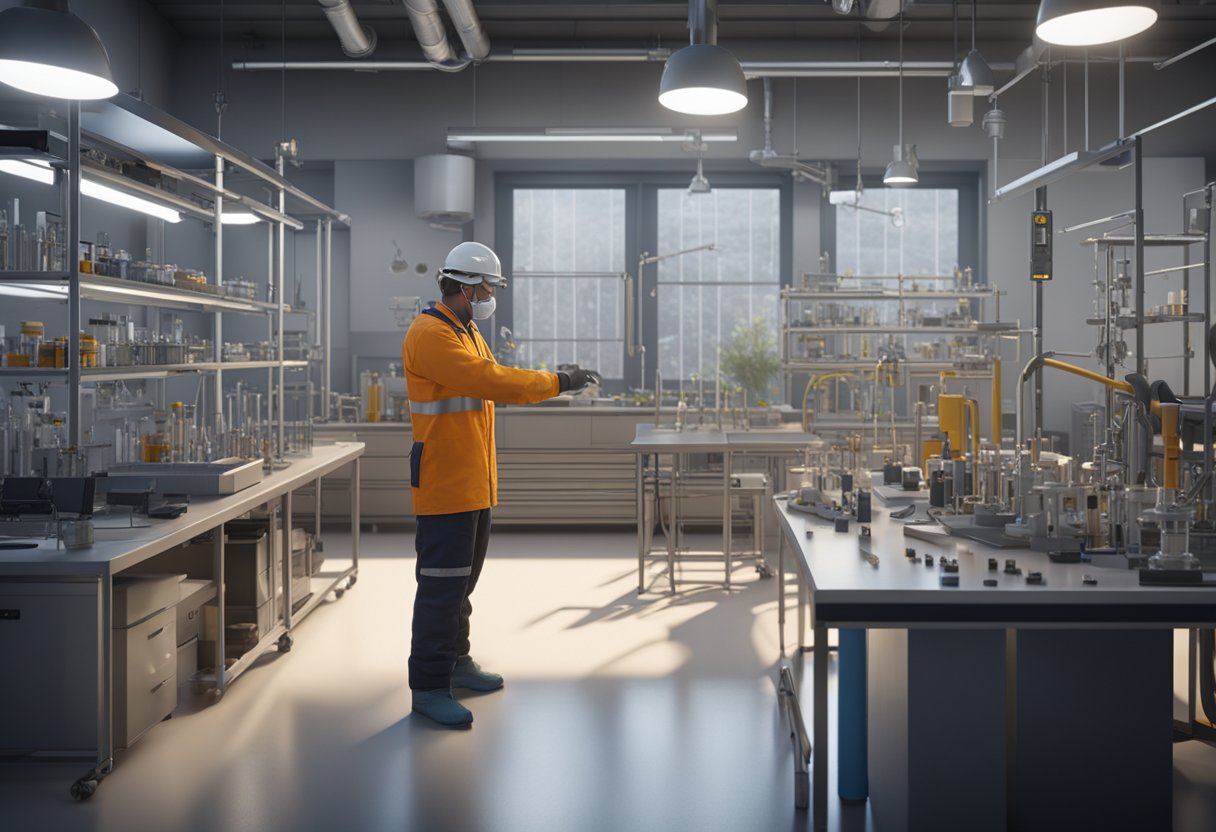 A technician measures compliance with health, safety, and environmental standards using various tools and equipment in a laboratory or industrial setting