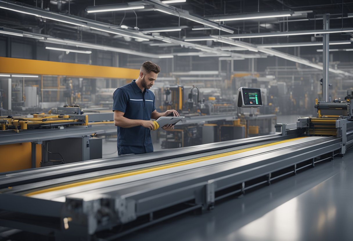 A technician measures and inspects products on a conveyor belt in a manufacturing facility. Machinery and equipment surround the technician