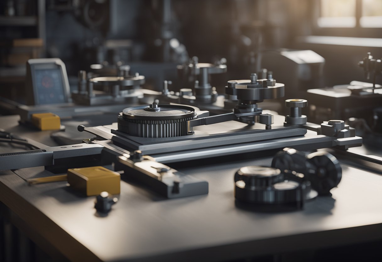 A precision measuring instrument sits on a clean, well-lit workbench, surrounded by various gauges and calipers. The tool exudes accuracy and meticulousness