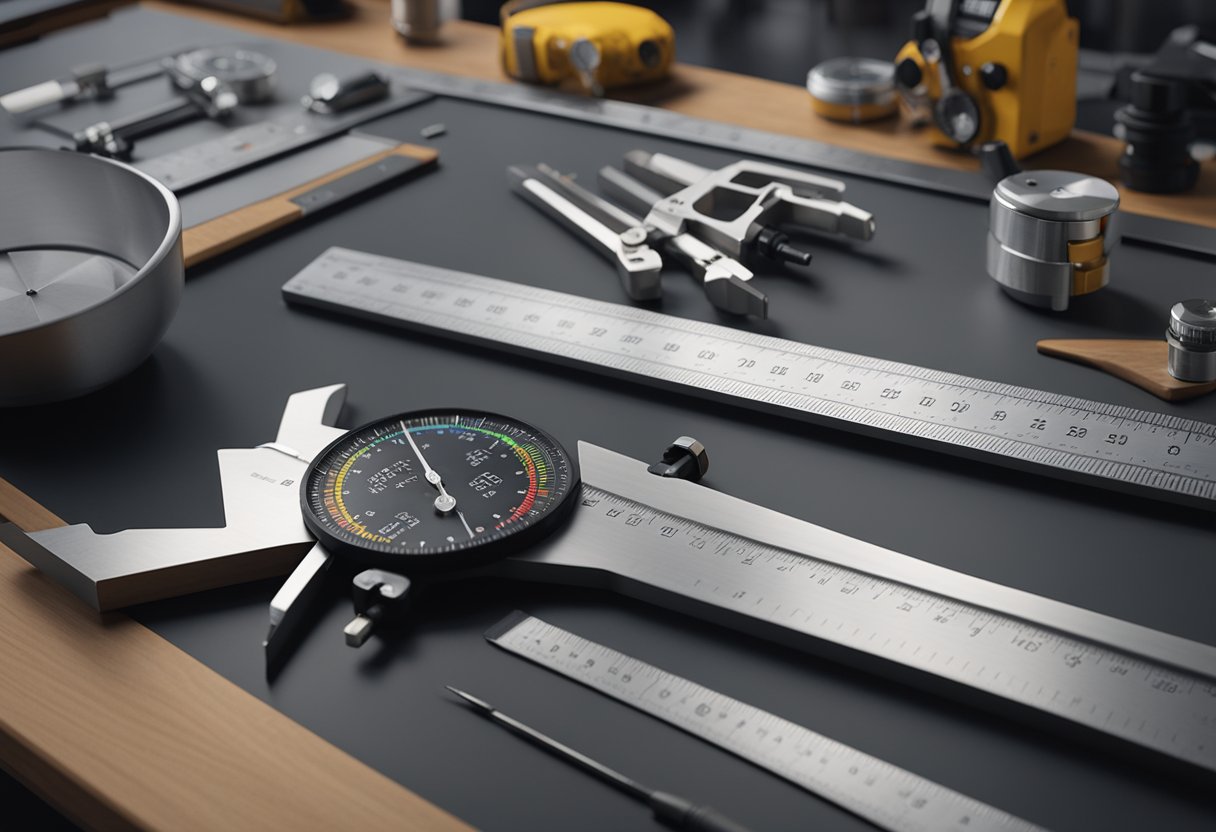 A table with precision measuring tools, including calipers, micrometers, and gauges, arranged neatly on a clean work surface