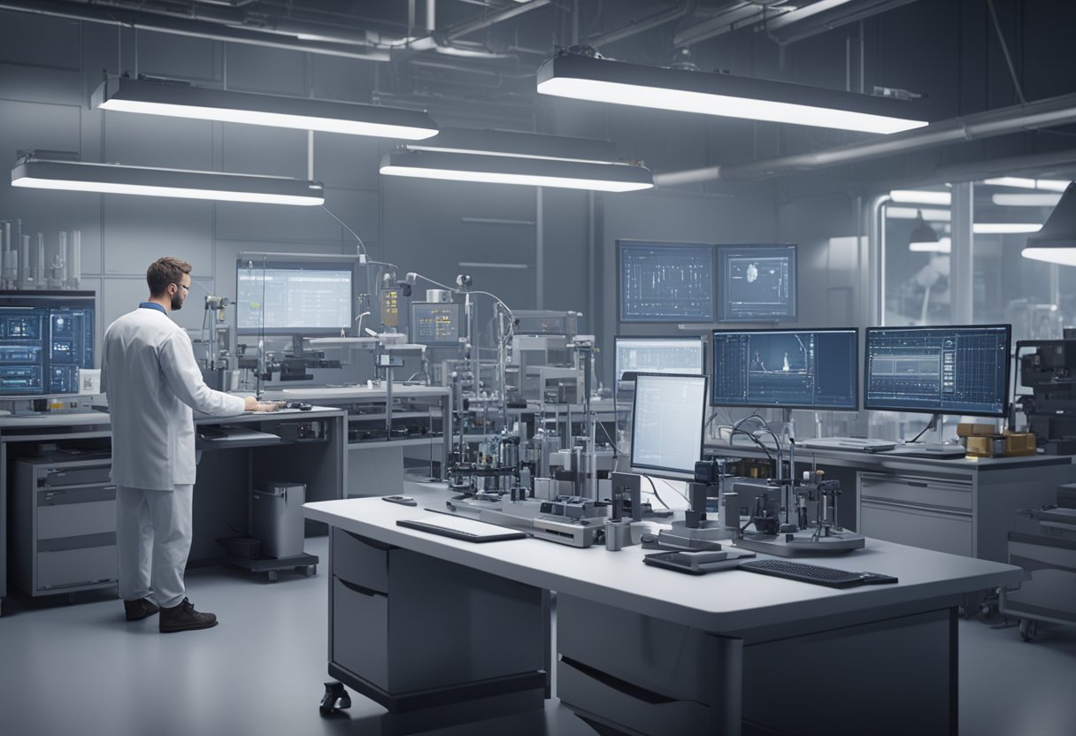 A metrology engineer calibrates precision instruments in a sterile laboratory setting, surrounded by high-tech equipment and computer screens