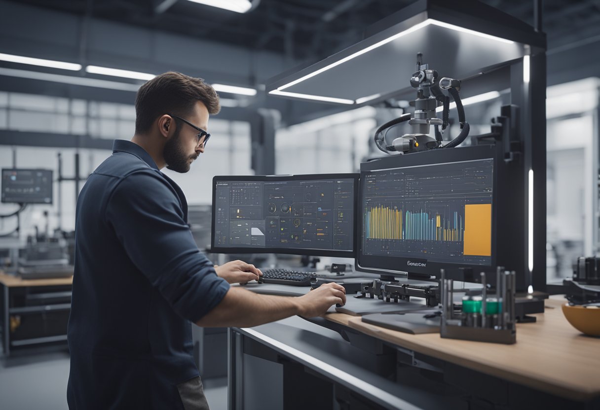 A metrology engineer calibrates precision instruments in a high-tech laboratory setting. The engineer meticulously measures and analyzes various components with advanced equipment