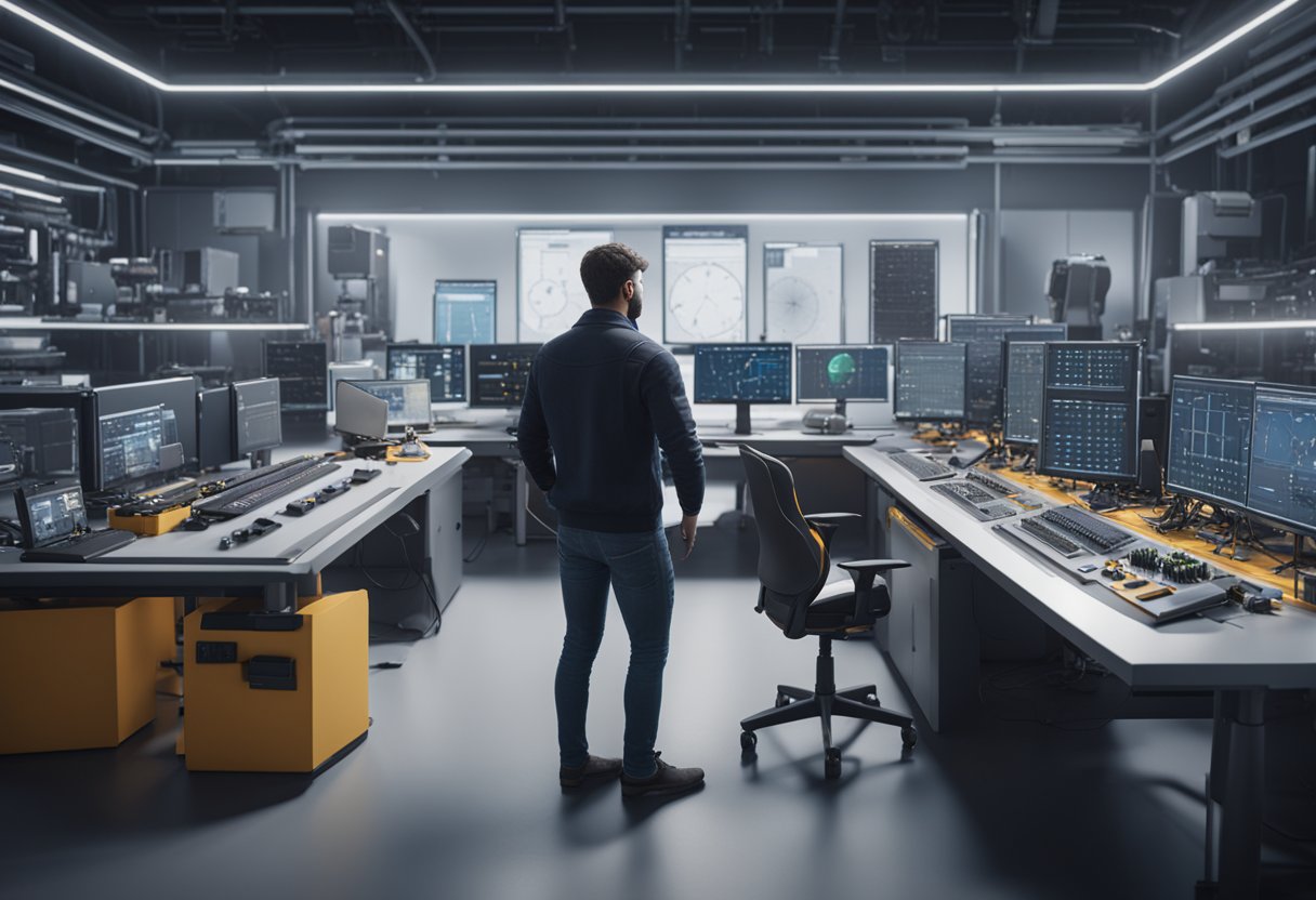 A calibration engineer adjusts precision instruments in a lab setting, surrounded by technical equipment and computer screens