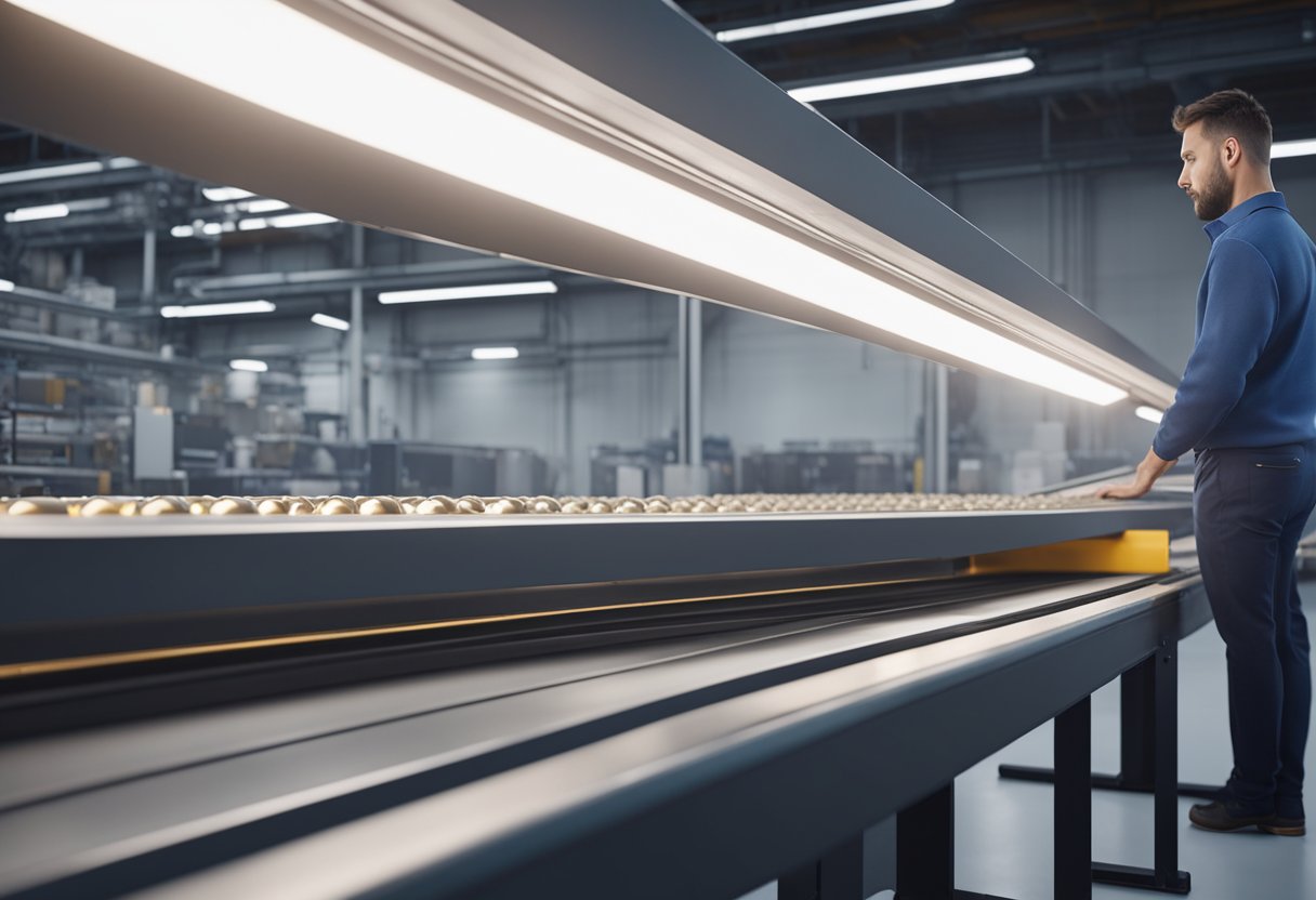 A Quality Control Inspector examines products on a conveyor belt for defects under bright overhead lighting in a manufacturing facility