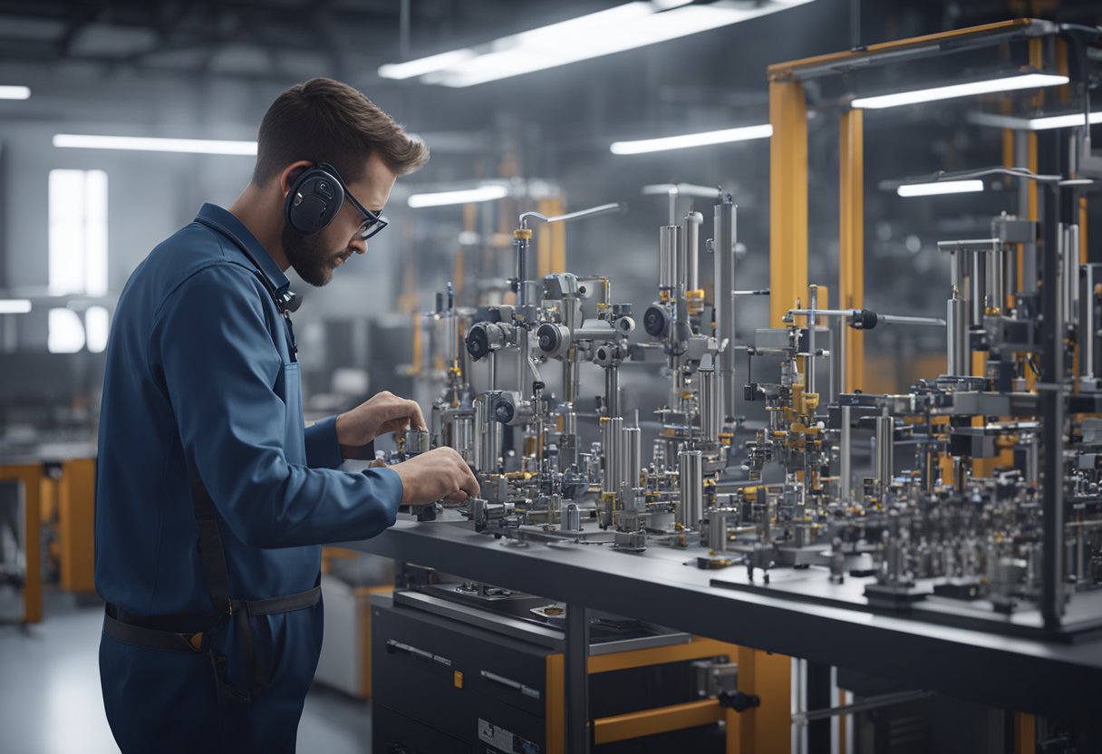 A technician uses precision tools to measure and inspect intricate mechanical components in a controlled laboratory environment