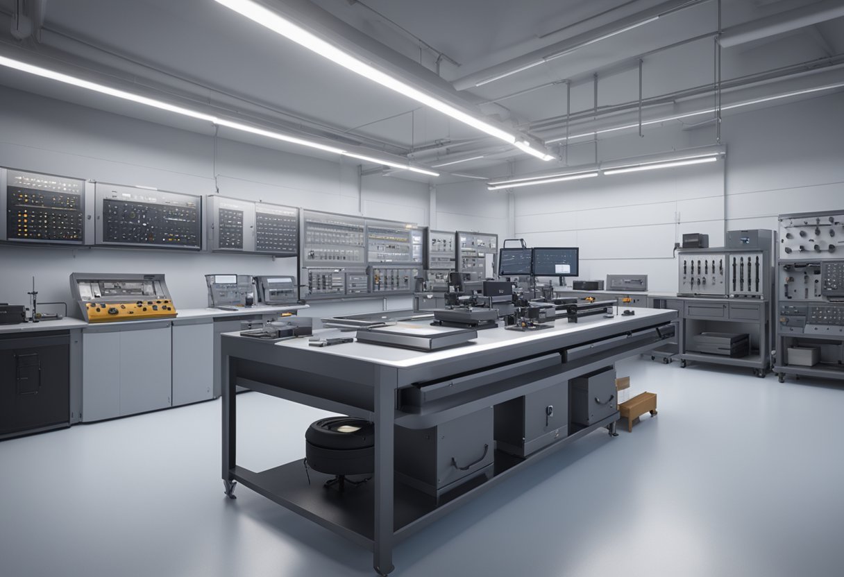 A metrology specialist calibrates precision instruments in a clean, well-lit laboratory setting. Various high-tech measurement tools and equipment are neatly arranged on the workbenches