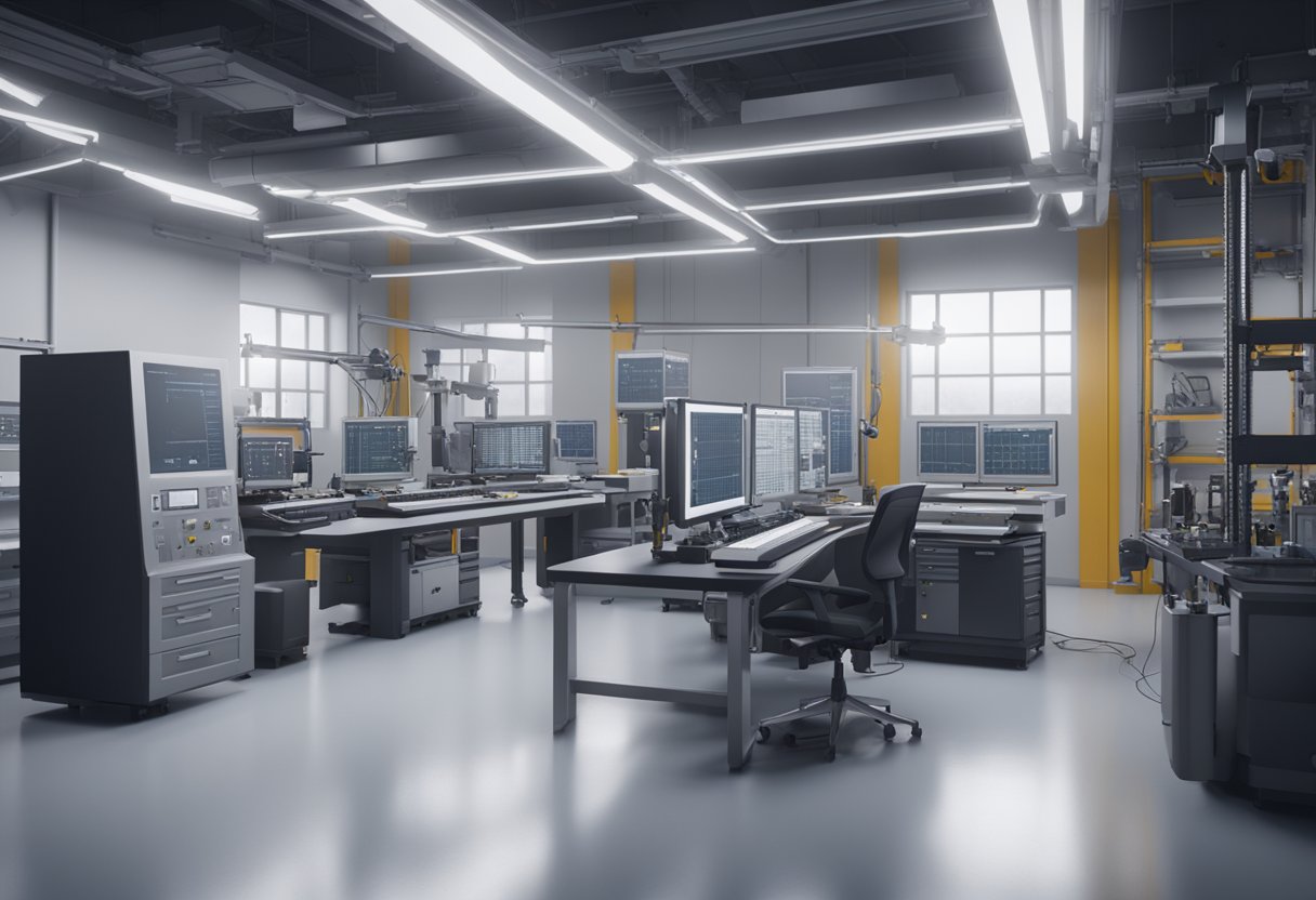 A metrology specialist calibrates equipment in a clean, well-lit lab with precision instruments and computer screens