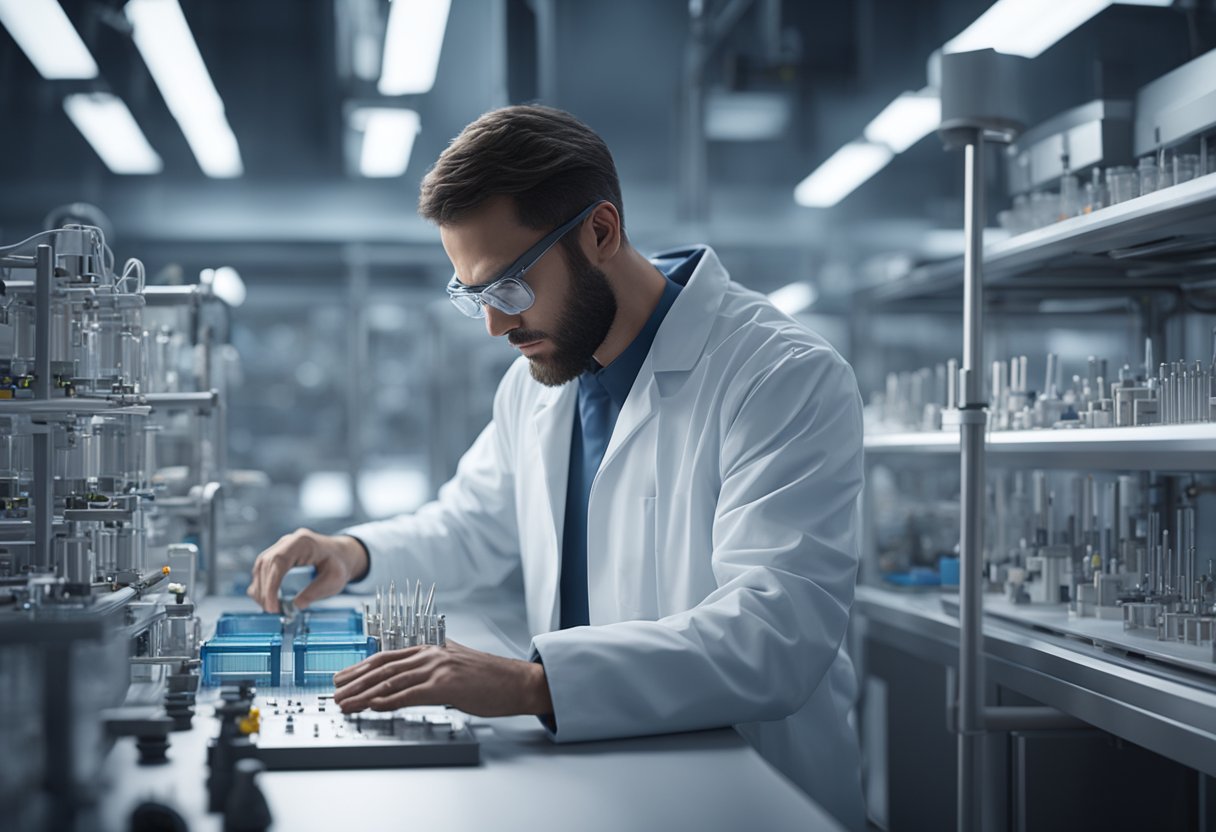 A technician adjusts precision instruments in a sterile laboratory setting