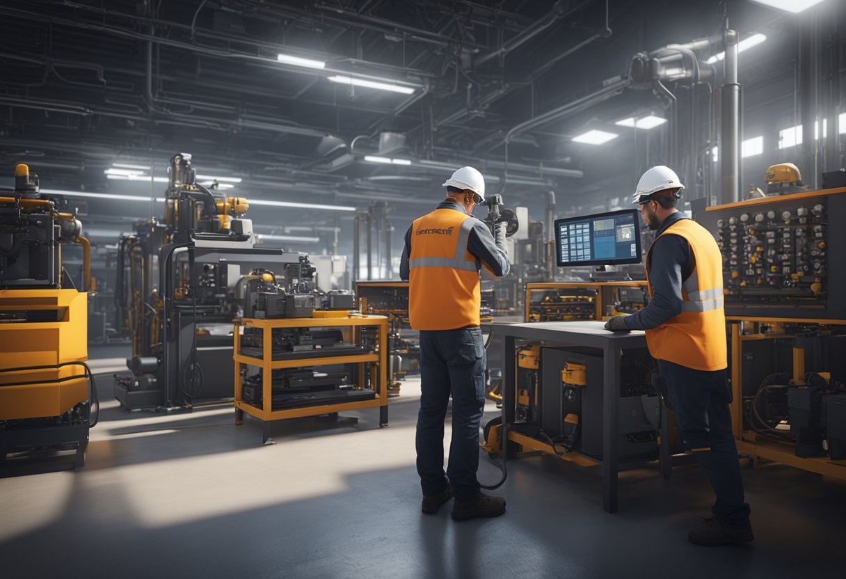 A technician adjusts safety equipment and checks calibration of machinery in a modern industrial setting