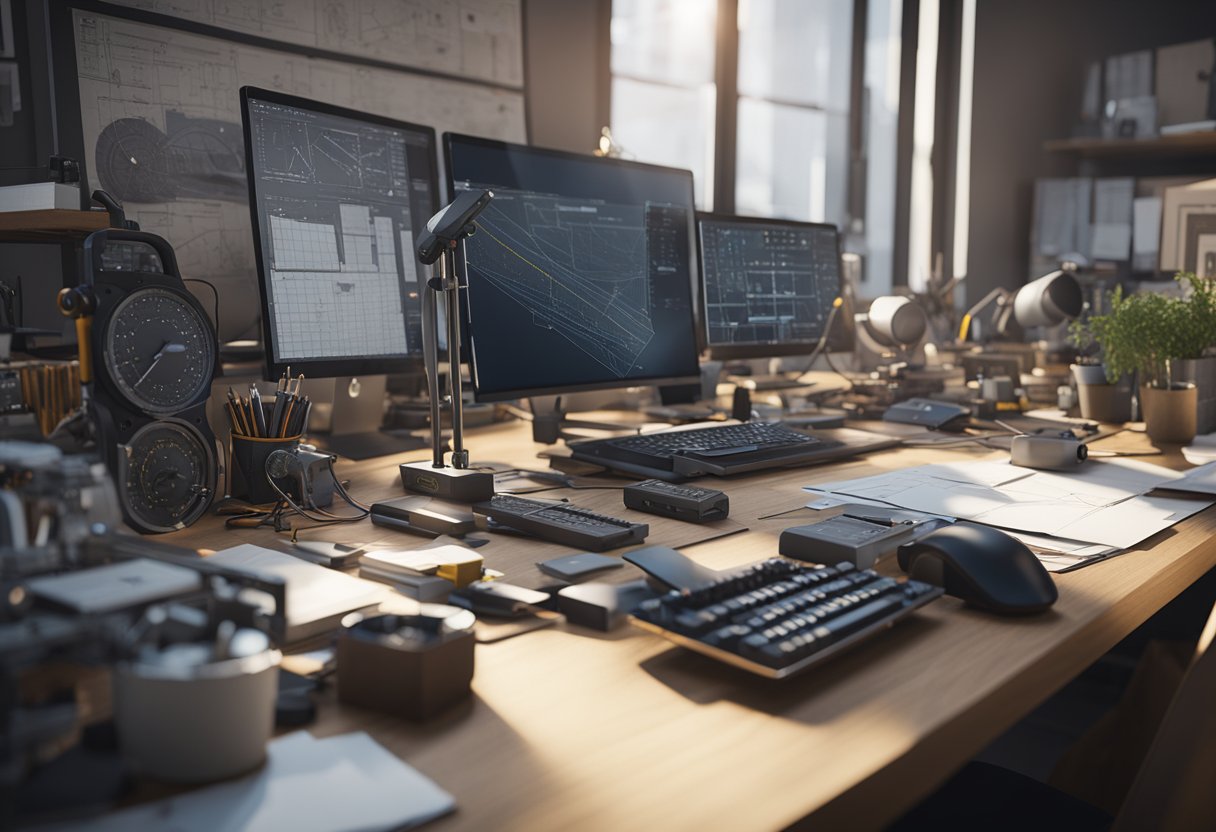 A cluttered desk with various measurement instruments, computer, and technical drawings. A person is working on a complex system design