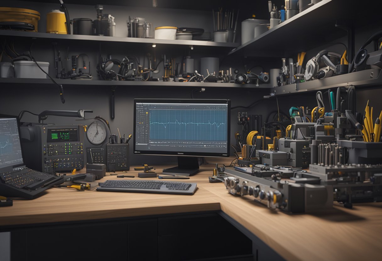 A cluttered workbench with various measurement tools and instruments, including calipers, micrometers, and oscilloscopes. A computer screen displays data analysis software