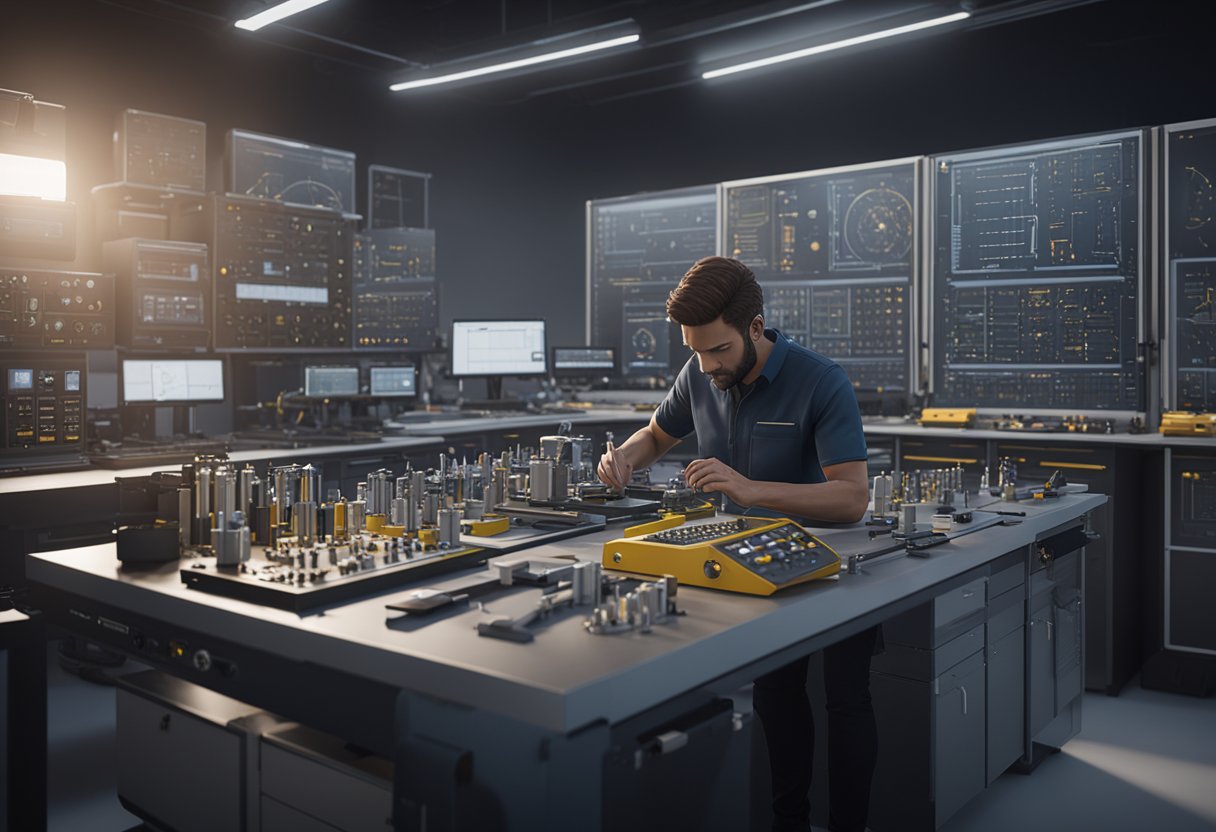 A technician adjusts precision instruments on a lab bench, surrounded by calibration equipment and measurement tools