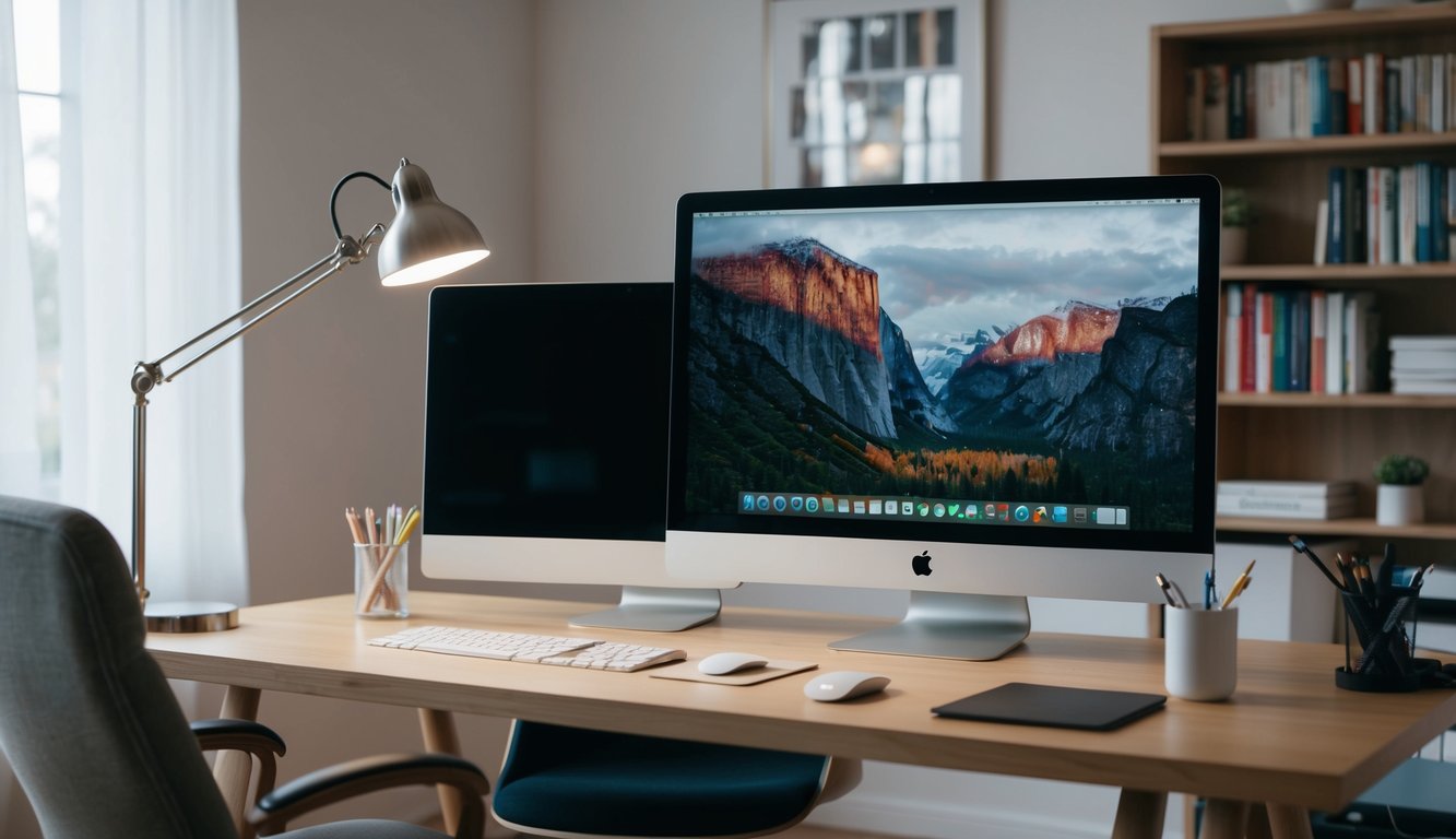 A desk with a computer, monitor, keyboard, mouse, and desk lamp. A comfortable chair and a bookshelf filled with books and office supplies