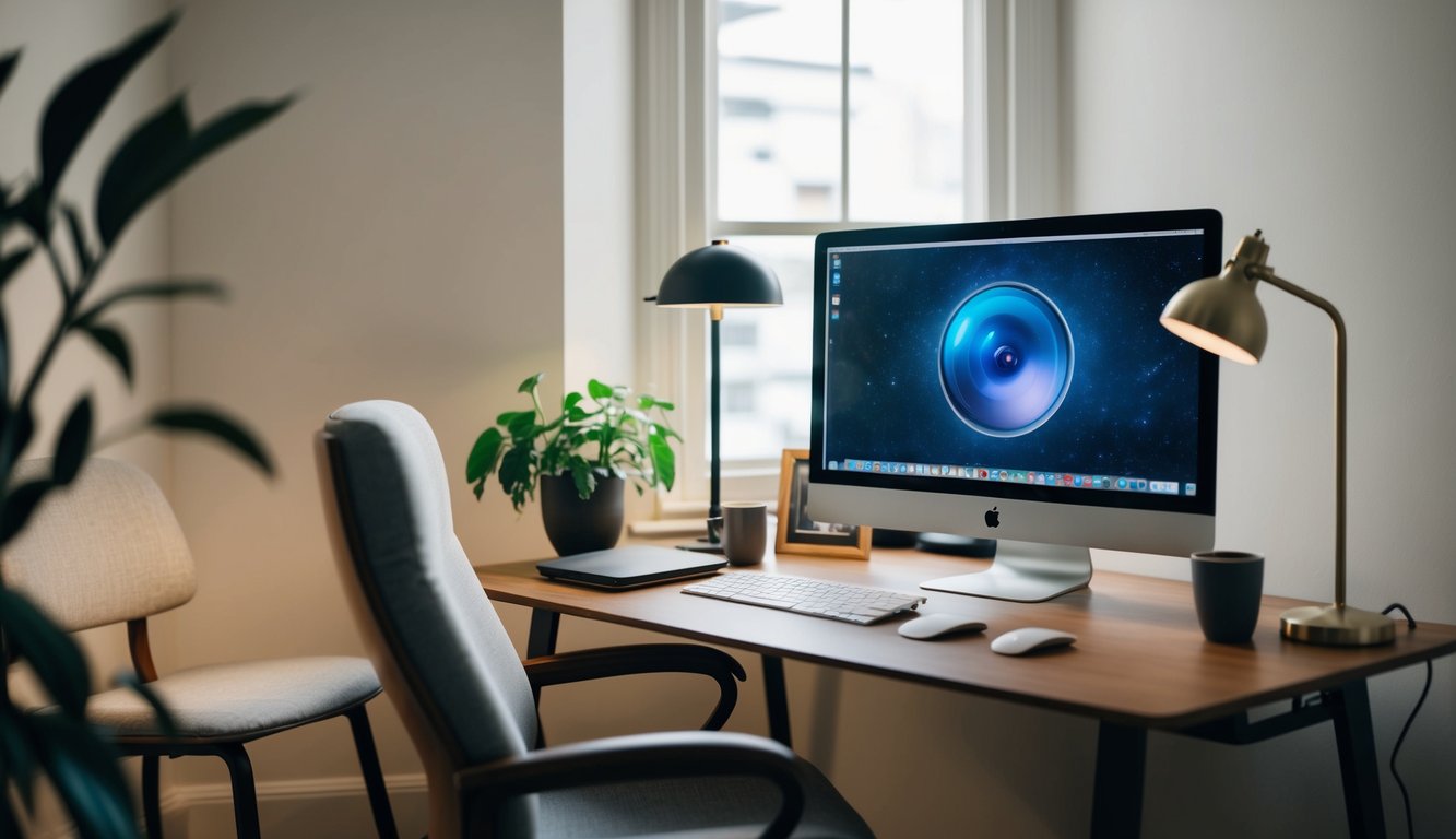 A desk with a computer, monitor, keyboard, and mouse. A comfortable chair and a desk lamp. A plant on the side