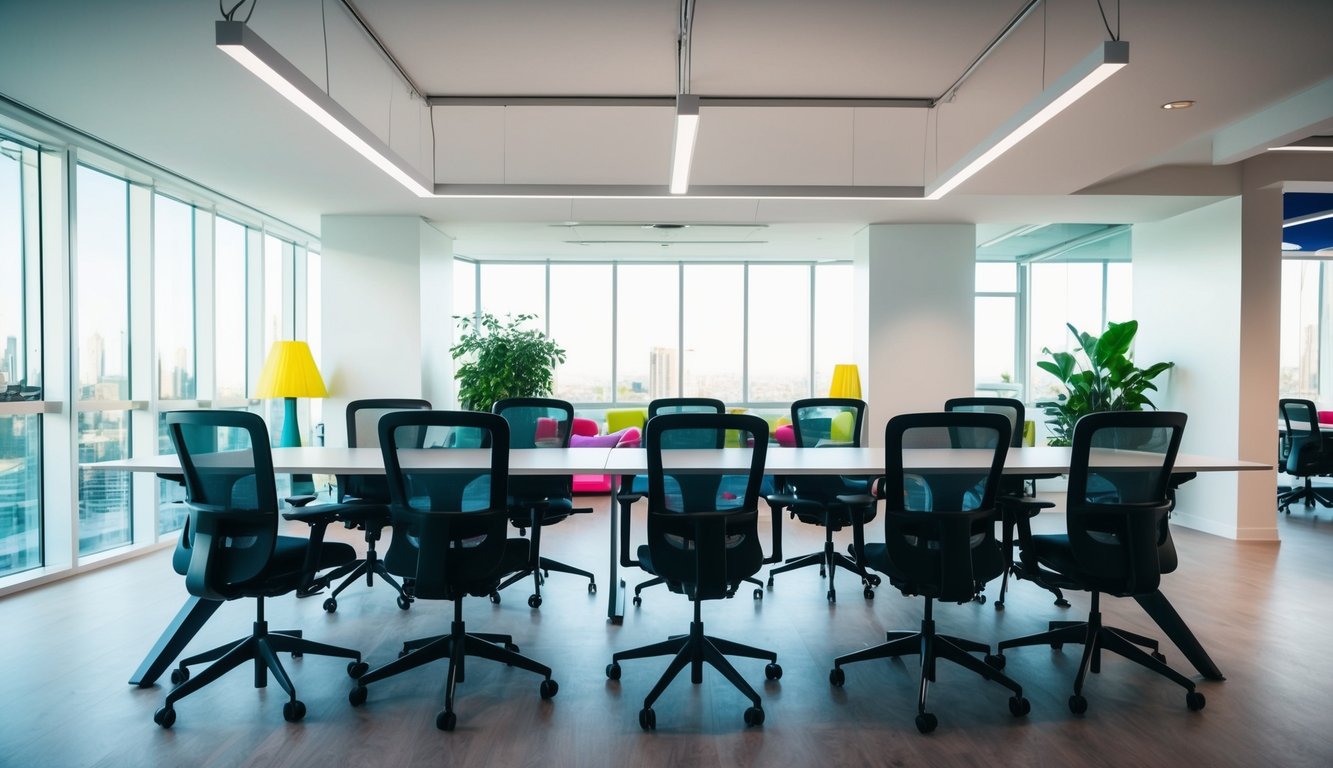 A modern office with 7 sleek standing desks of varying heights, surrounded by ergonomic chairs and vibrant decor. Natural light floods the space through large windows, creating a bright and inviting atmosphere