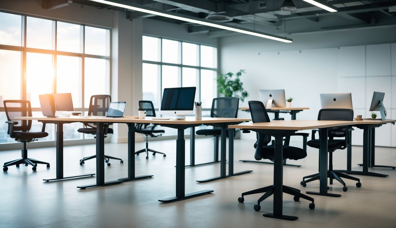 A modern office setting with various types of standing desks, showcasing their features and designs. Different models are arranged in a spacious and well-lit room, highlighting their versatility and functionality