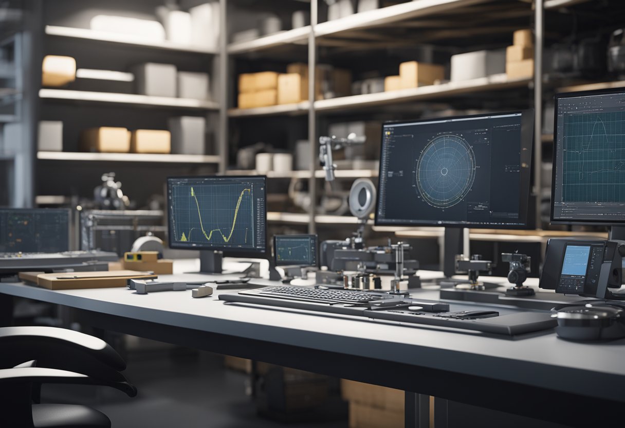 A table with precision measurement tools and a computer displaying metrology software. Various instruments and technologies for quality control are arranged neatly on shelves