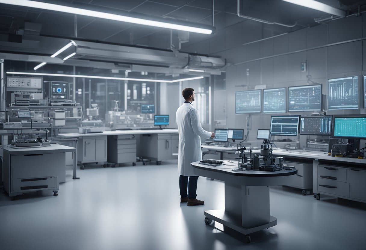 A person in a lab coat calibrates precision instruments in a modern laboratory setting. The room is filled with advanced measuring equipment and computer screens