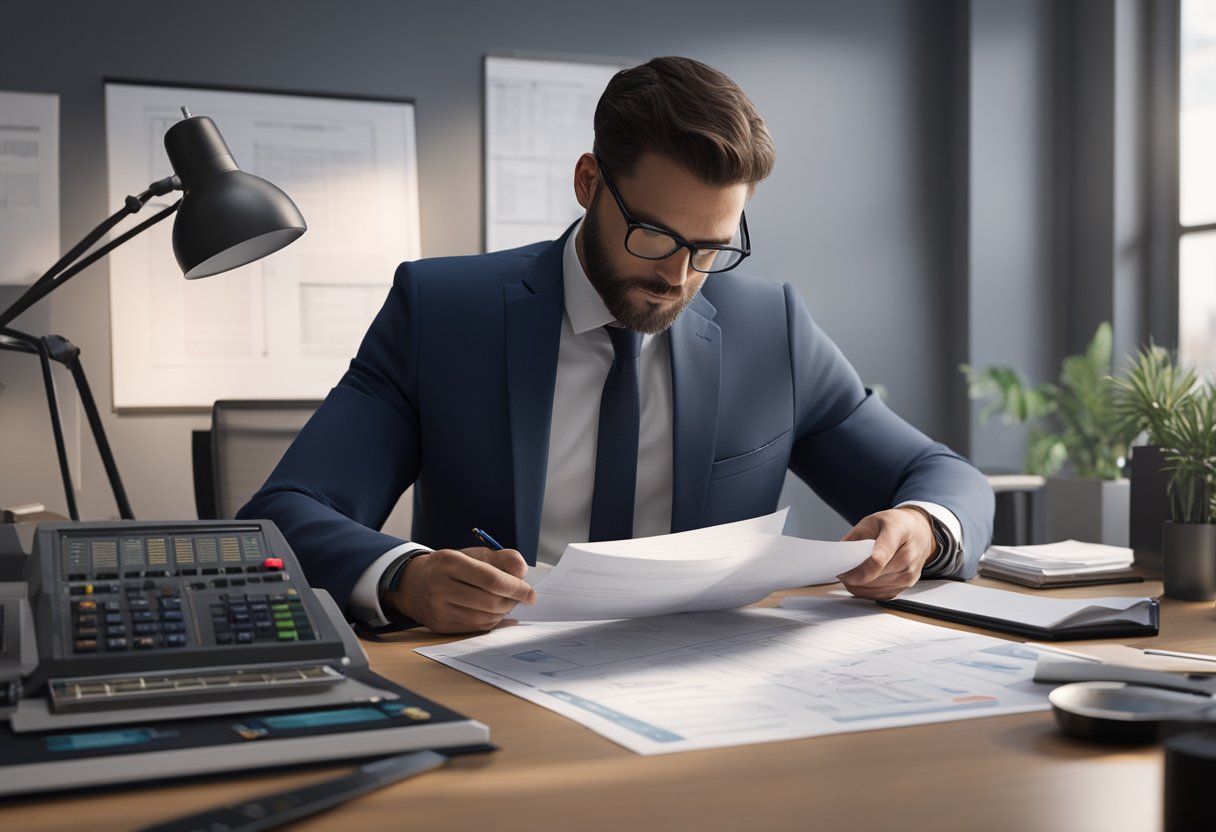 A person in a suit reviewing documents at a desk, surrounded by measurement instruments and regulatory guidelines