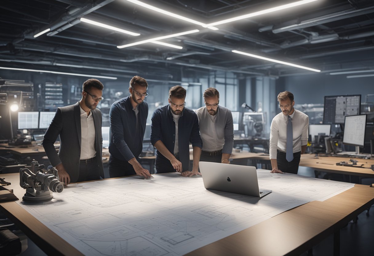 A group of engineers and scientists gather around a large table, discussing and sharing ideas while examining various technical drawings and metrology equipment