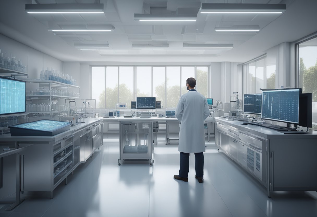 A laboratory manager calibrates equipment in a sterile, well-lit room with precise instruments and computer monitors