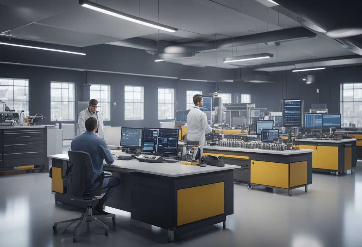 A calibration laboratory manager overseeing technicians at work. Instruments and equipment are being tested and adjusted for accuracy