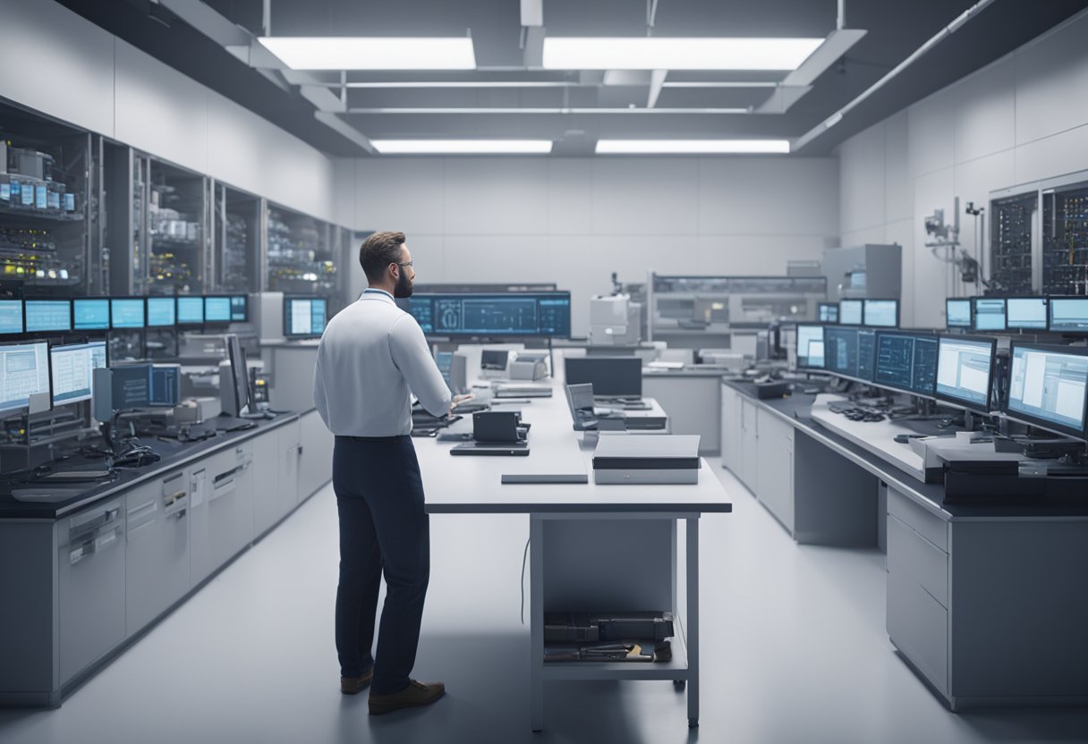 A laboratory manager oversees technicians calibrating communication equipment in a customer service setting