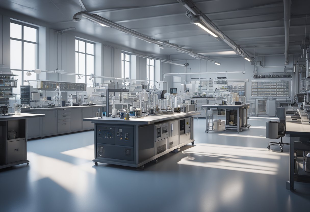 A laboratory with precision instruments, documentation, and compliance standards displayed