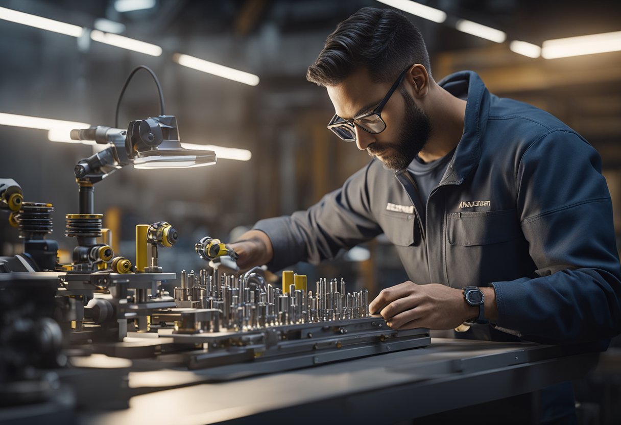 A technician using precision tools to inspect mechanical components on a workbench