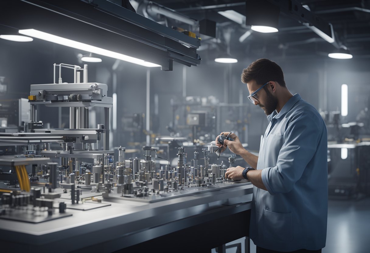 A technician uses precision tools to measure and inspect dimensional parts in a controlled laboratory setting