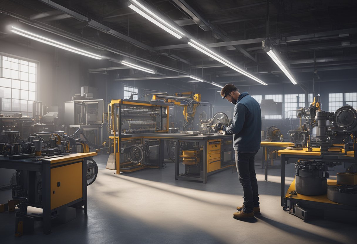 A technician uses precision tools to inspect mechanical parts in a clean, well-lit industrial workspace