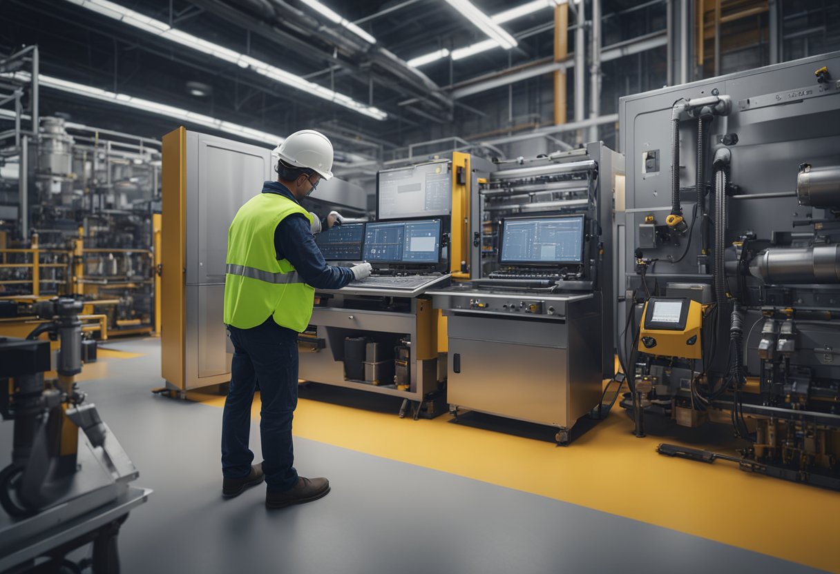 A technician using precision instruments to inspect and verify safety standards and compliance of industrial equipment