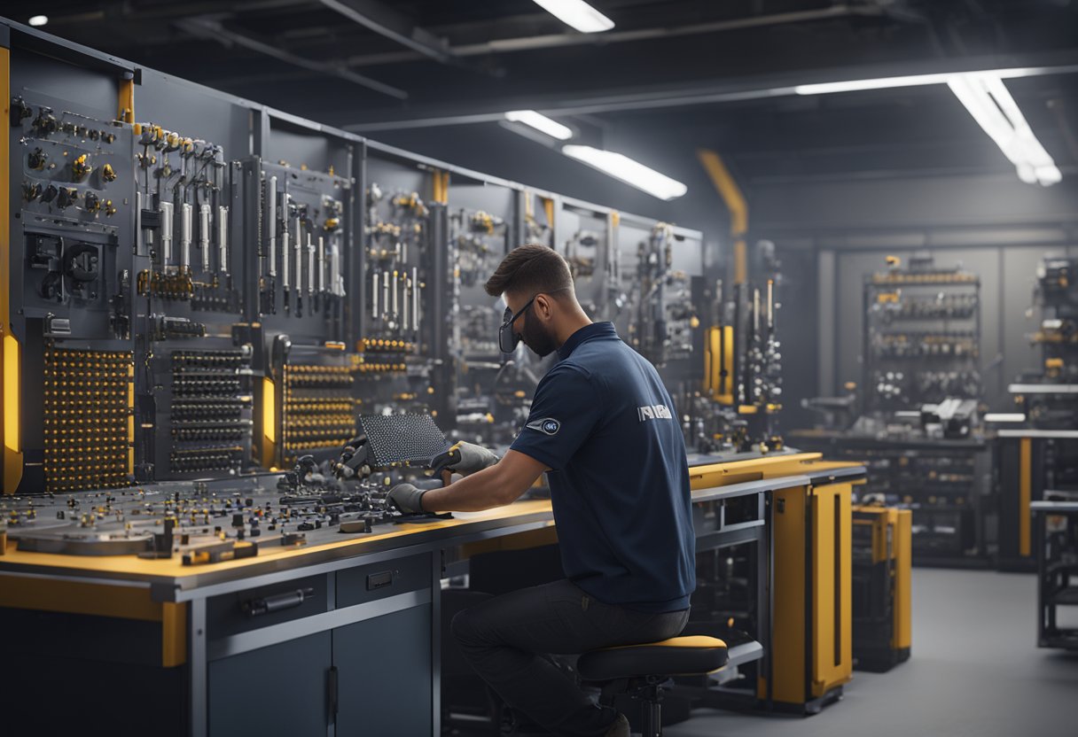 A technician inspects components with precision tools in a professional setting